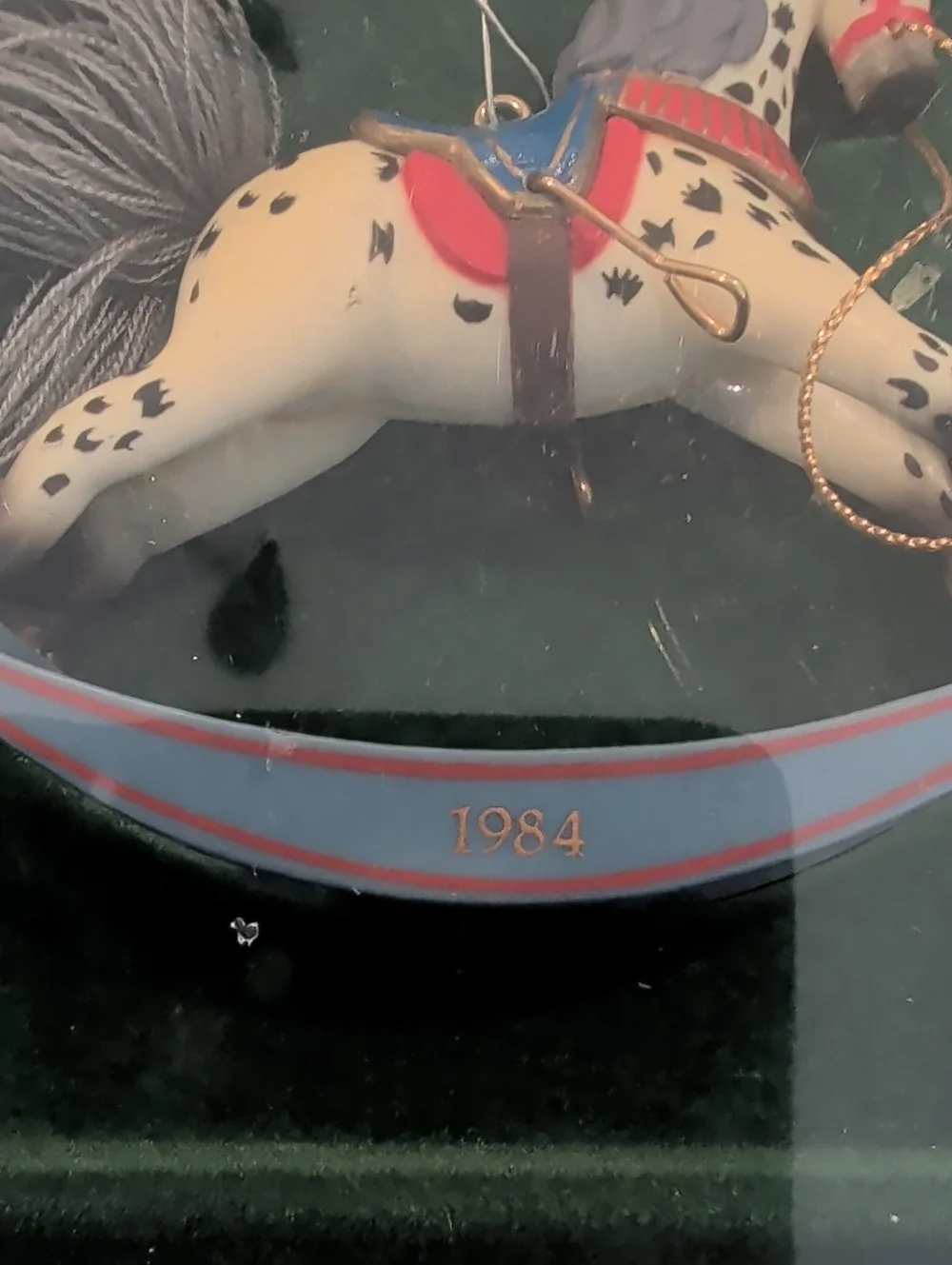 Hallmark Rocking Horse Ornament 1984 - Cream, Gray, Blue, Red